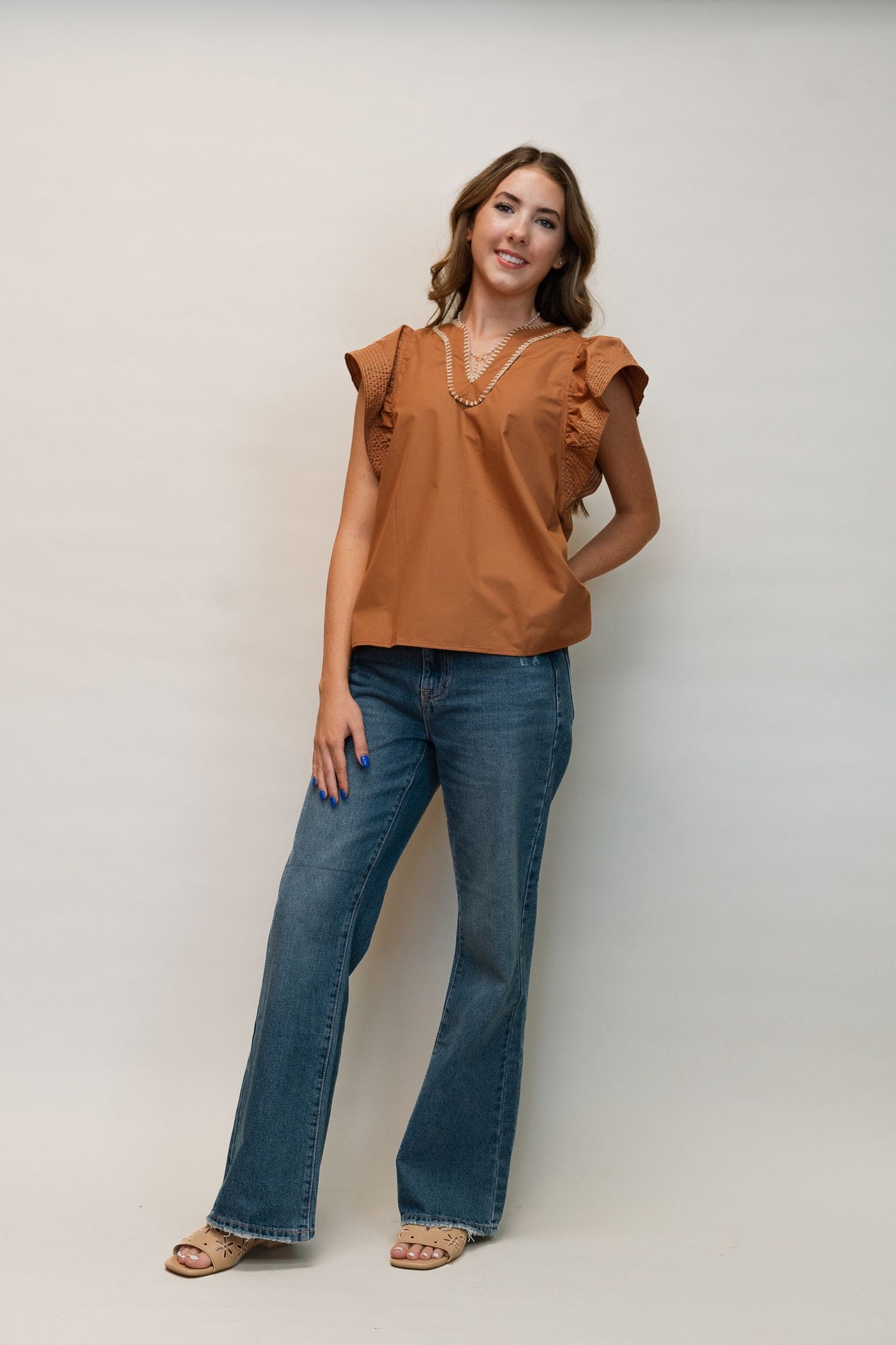 Carmael Ruffle V-Neck Blouse w/Contrast Stitching  T2432