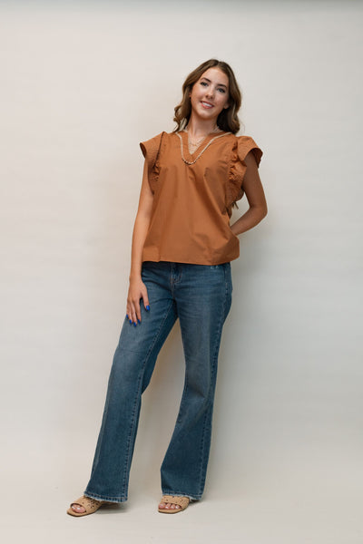 Carmael Ruffle V-Neck Blouse w/Contrast Stitching  T2432