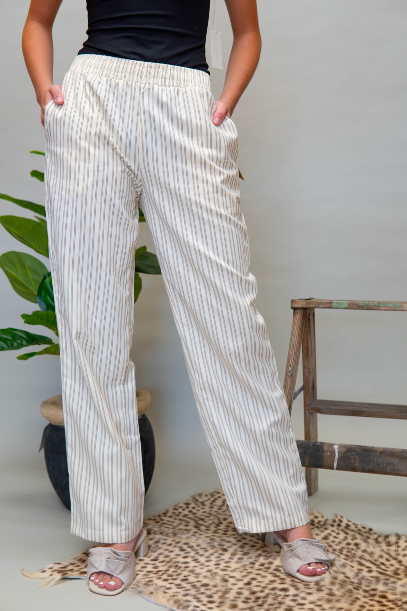 Cream/Taupe Stripe Elastic Pants BRP2862