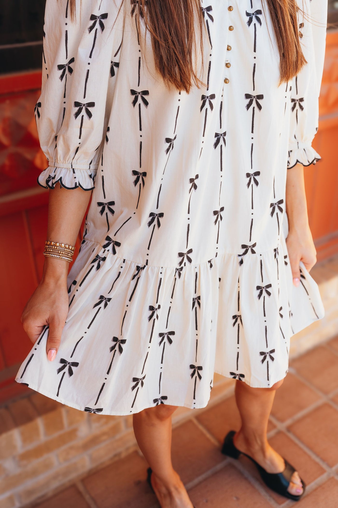 Natural Bow Print 3/4 Sleeve Mini Dress D24474