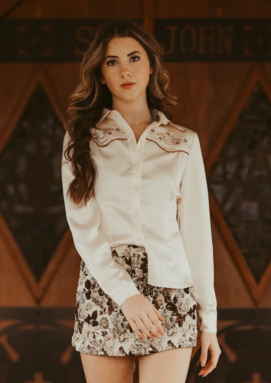 Cream Western Embroidered Satin Shirt BRT3312-1